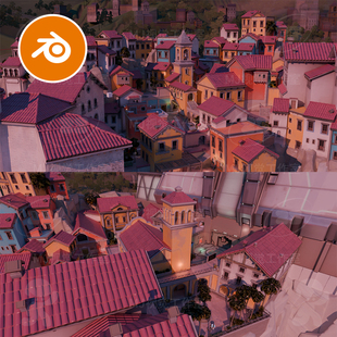 blender小镇建筑城市复古欧洲广场街道马路巷子房子模型童话3064