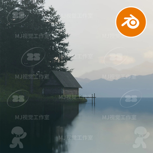 blender湖边森林安静艺术木屋宁静枯树寂寥场景灰黑渲染模型3187