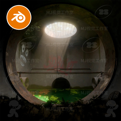 Blender下水道天窗阴暗潮湿水井管道场景模型建模渲染 灯光3235