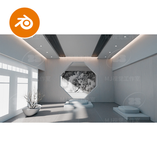 Blender中国风房间走廊过道新国风场景黑白模型渲染建模工程3214