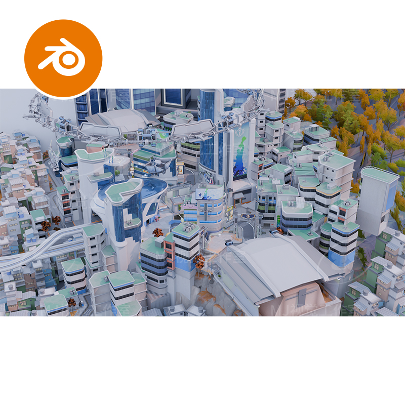 blender科技科幻城市交通马路建筑二次元卡通游戏模型建模3056