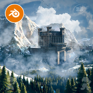 blender雪山城堡要塞森林高山山峰欧洲古典场景模型建模工程3184