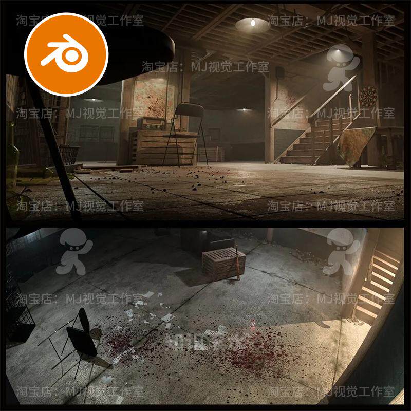Blender地下室场景废弃房子泥土桌椅仓库模型灯光木屋昏暗2349