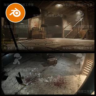 Blender地下室场景废弃房子泥土桌椅仓库模型灯光木屋昏暗2349