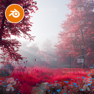 blender森林空地草地梦幻植物红色场景模型建模素材渲染工程3140