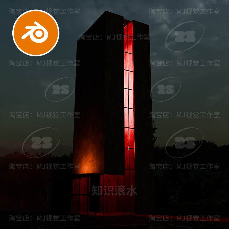 blender抽象科技概念科幻建筑高楼黑夜柱形灯光场景艺术模型2984