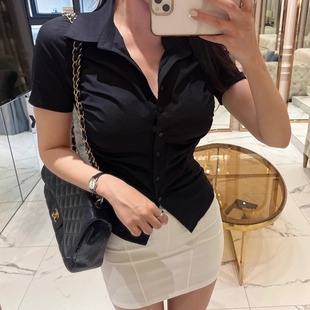 衬衫 显身材女人味POL翻领短袖 上衣 气质褶皱收腰修身 韩国2024新款