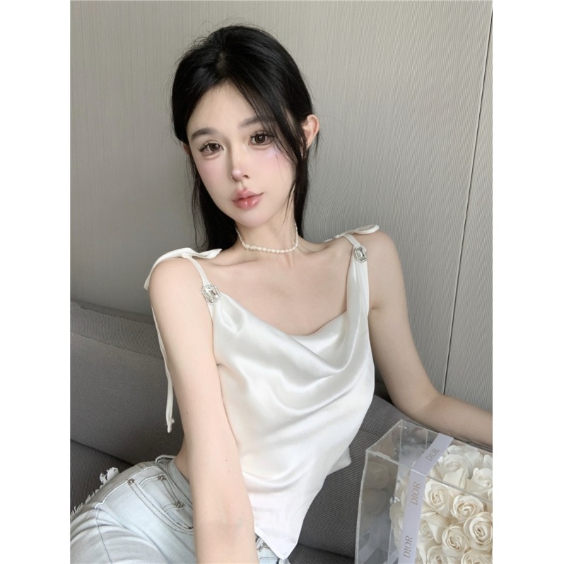 吊带背心女名媛气质荡领辣妹可调节肩带设计秋季小众短款白色上衣