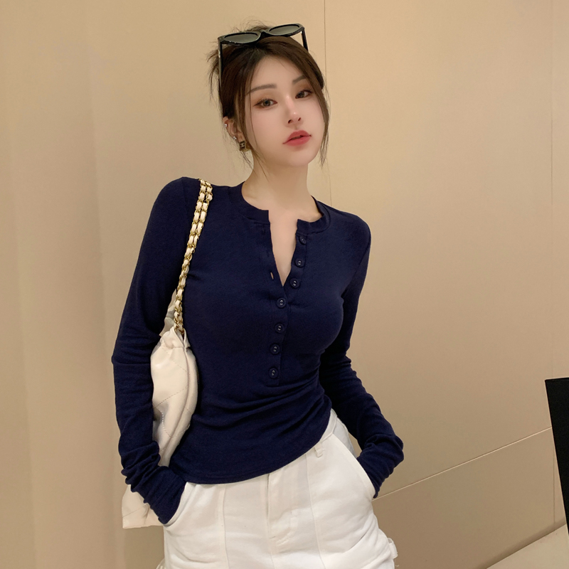 2024新款正肩纽扣半开领长袖T恤女装秋季内搭修身显瘦打底衫上衣