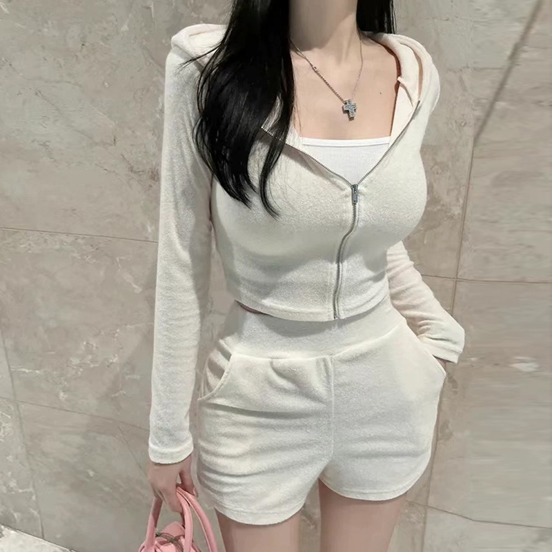 韩国东大门时尚套装修身性感连帽拉链短外套+高腰短裤两件套女士