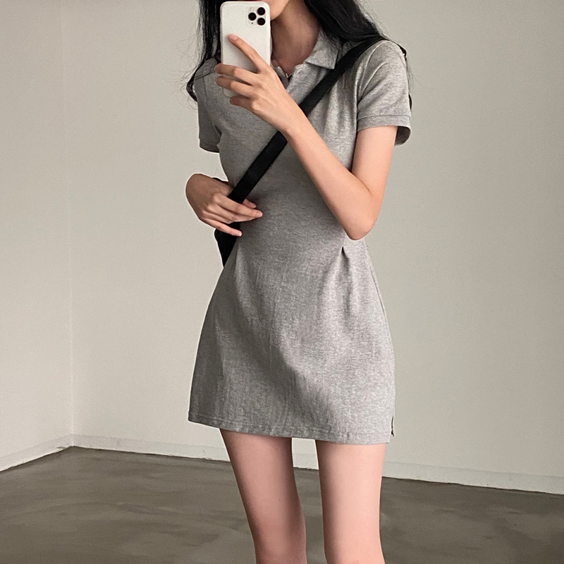 韩国东大门气质POLO领修身收腰系带开叉显身材百搭短袖连衣裙女装