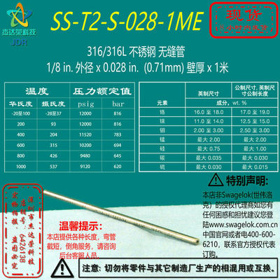 【SS-T2-S-028-1ME】Swagelok世伟洛克无缝管1/8inx 0.028 inx1米