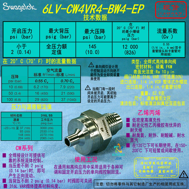 【6LV-CW4VR4-BW4-EP】Swagelok世伟洛克高纯单向阀 VCR 1/4 in.