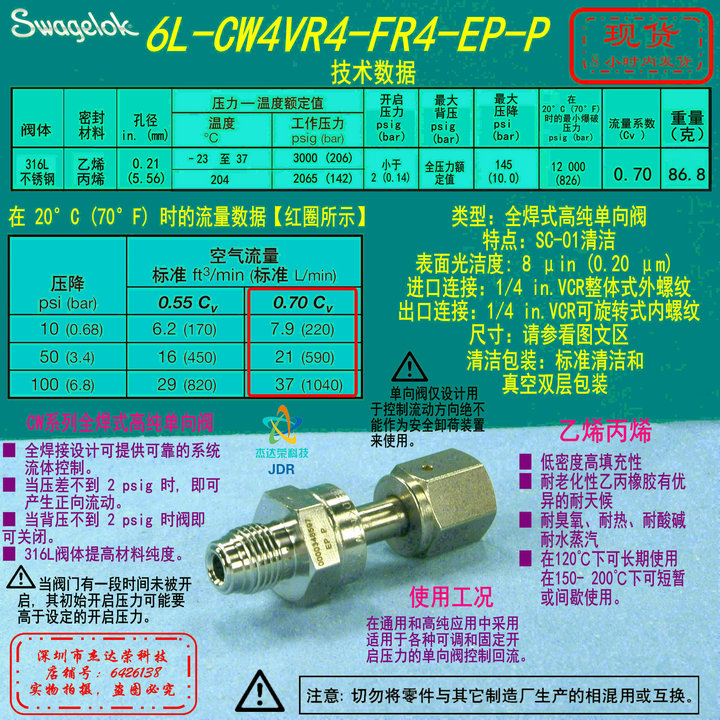 【6L-CW4VR4-FR4-EP-P】Swagelok世伟洛克高纯单向阀1/4 in.VCR