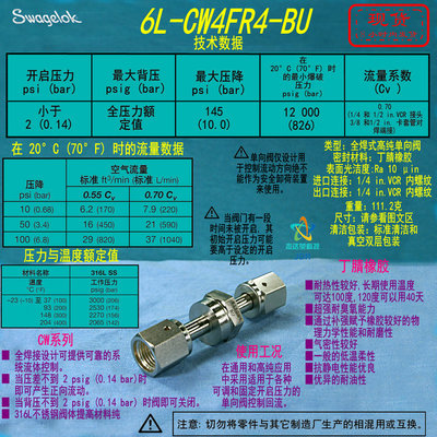 【6L-CW4FR4-BU】Swagelok世伟洛克 高纯单向阀1/4 in.内螺纹VCR