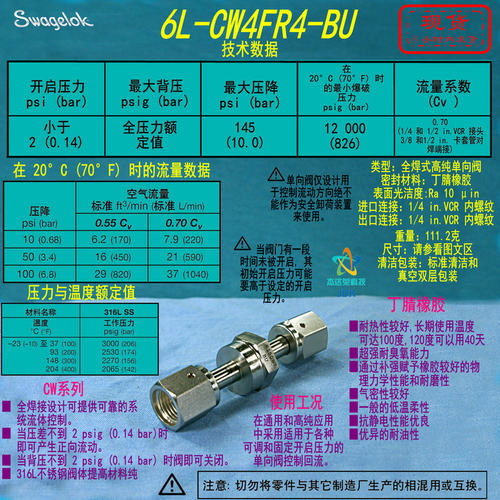 【6L-CW4FR4-BU】Swagelok世伟洛克 高纯单向阀1/4 in.内螺纹VCR