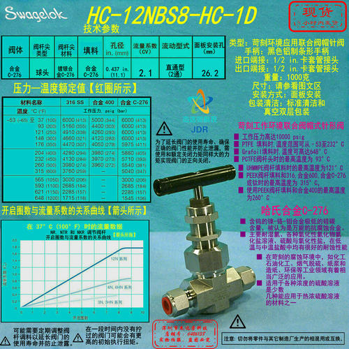 【HC-12NBS8-HC-1D】Swagelok世伟洛克合金C-276 针阀1/2 in.询价