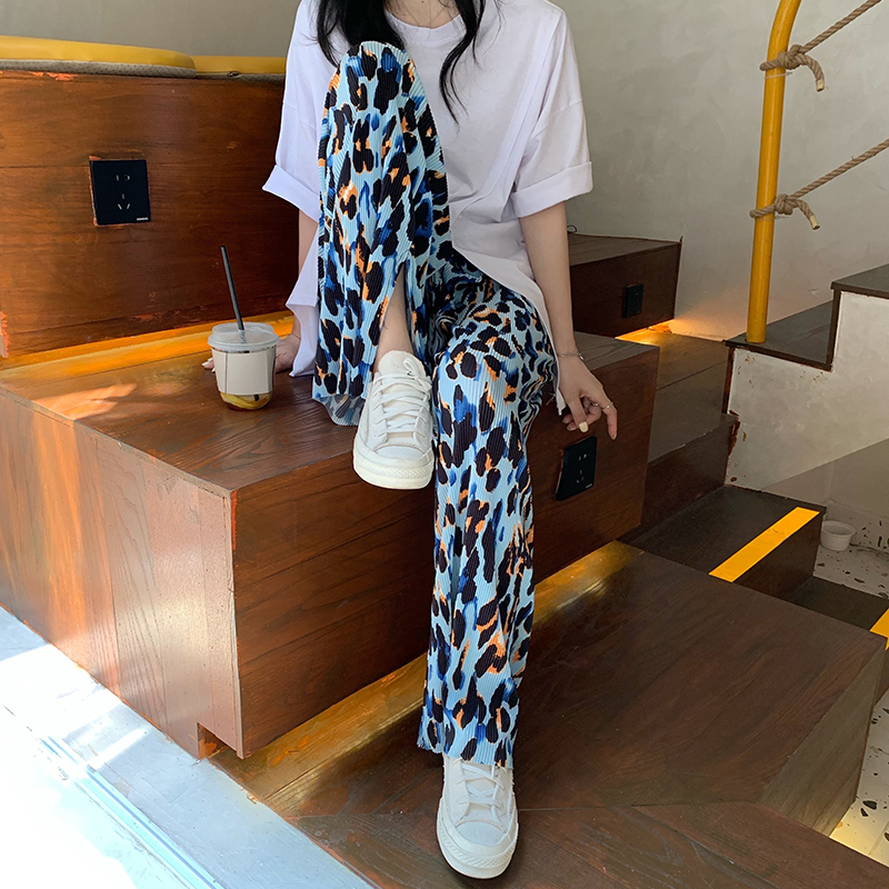 實拍實價~豹紋紋暈染闊腿褲女夏季高腰垂感薄款寬鬆直筒休閒褲