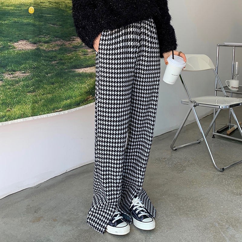 Real shot real price ~ elastic waist thousand bird lattice open fork show thin cross leg floor pants