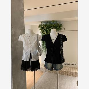 V领设计感小众系带复古系带上衣 WGWE法式 蕾丝花边短袖 衬衫 女修身