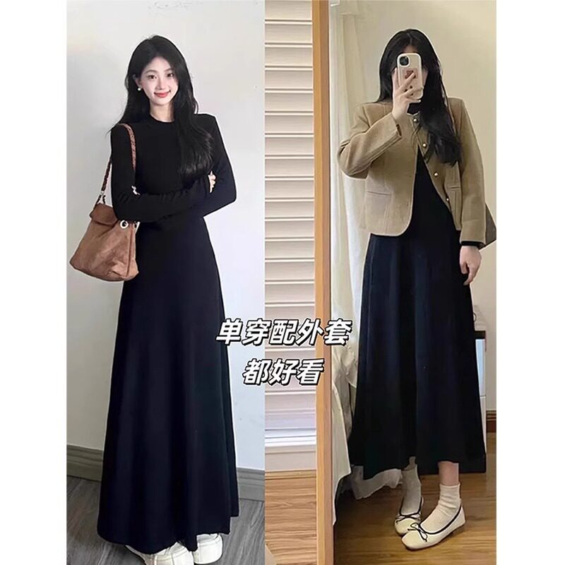 小鹿黑色赫本风大衣内搭连衣裙秋款针织裙子女初秋休闲穿搭打底