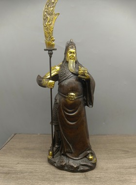 纯铜鎏金关公摆件客厅提刀关羽铜像公司立横刀家用关二爷托宝武财
