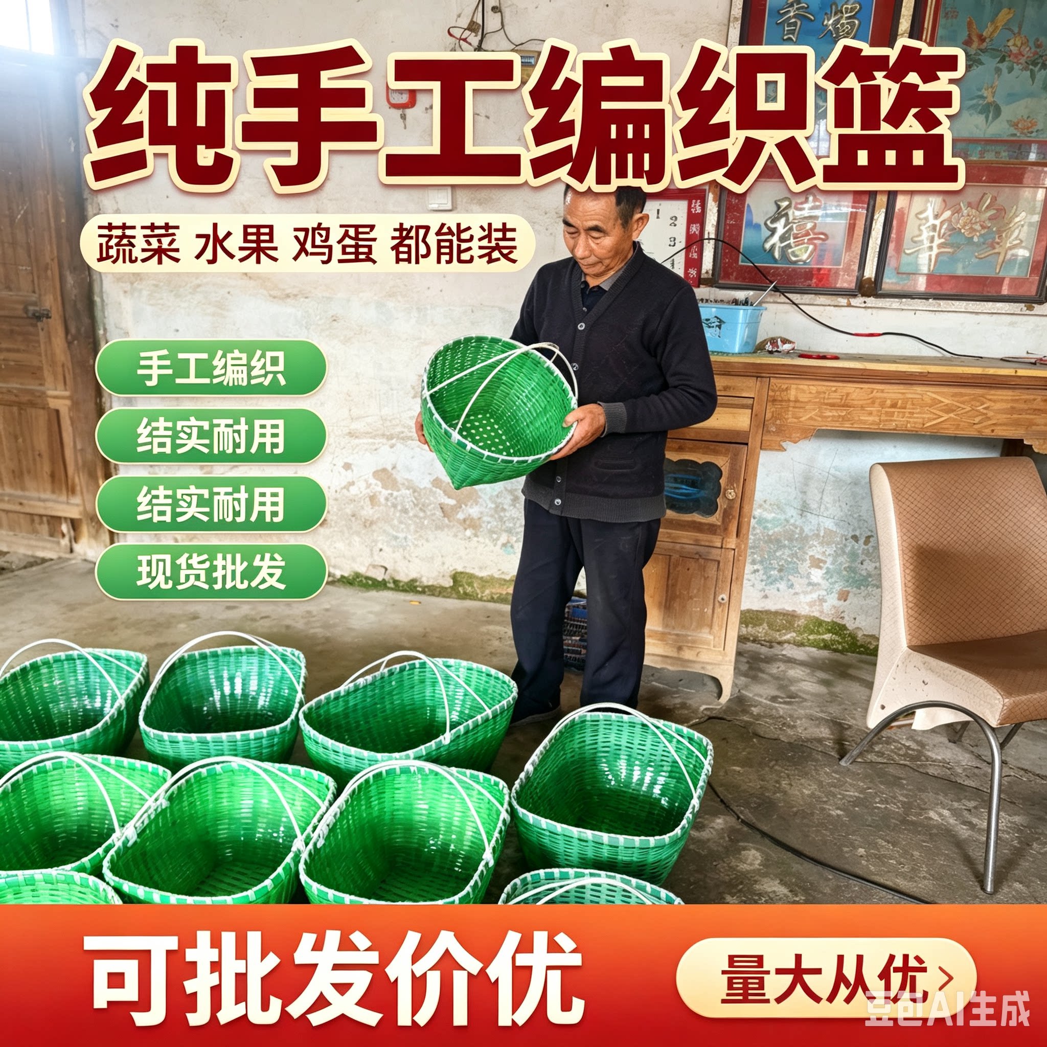 爸爸纯手工编织篮子买菜篮手提篮菜篮子鸡蛋篮水果篮爸爸手工制作