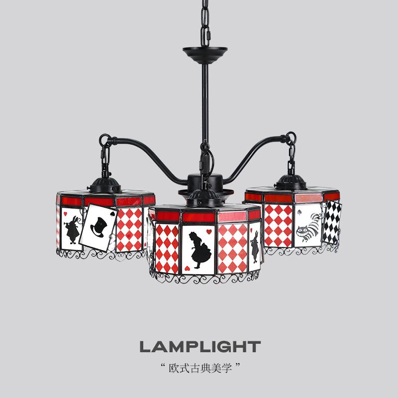 爱丽丝梦游仙境复古三头玻璃吊灯