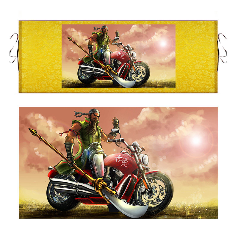关公千里走单骑摩托车丝绸卷轴搞笑字画仿古抖音关羽画像装饰挂画