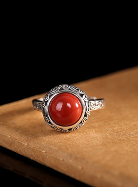 人品银品S925纯银镶嵌南红玛瑙镂空祥云戒指个性百搭女款小众指环