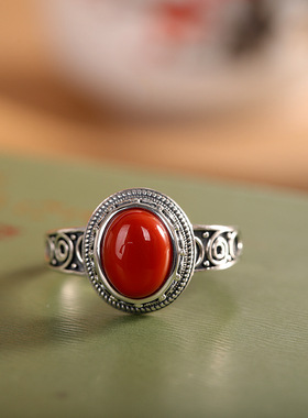 人品银品S925纯银镶嵌南红玛瑙蛋面戒指复古尼泊尔百搭开口指环