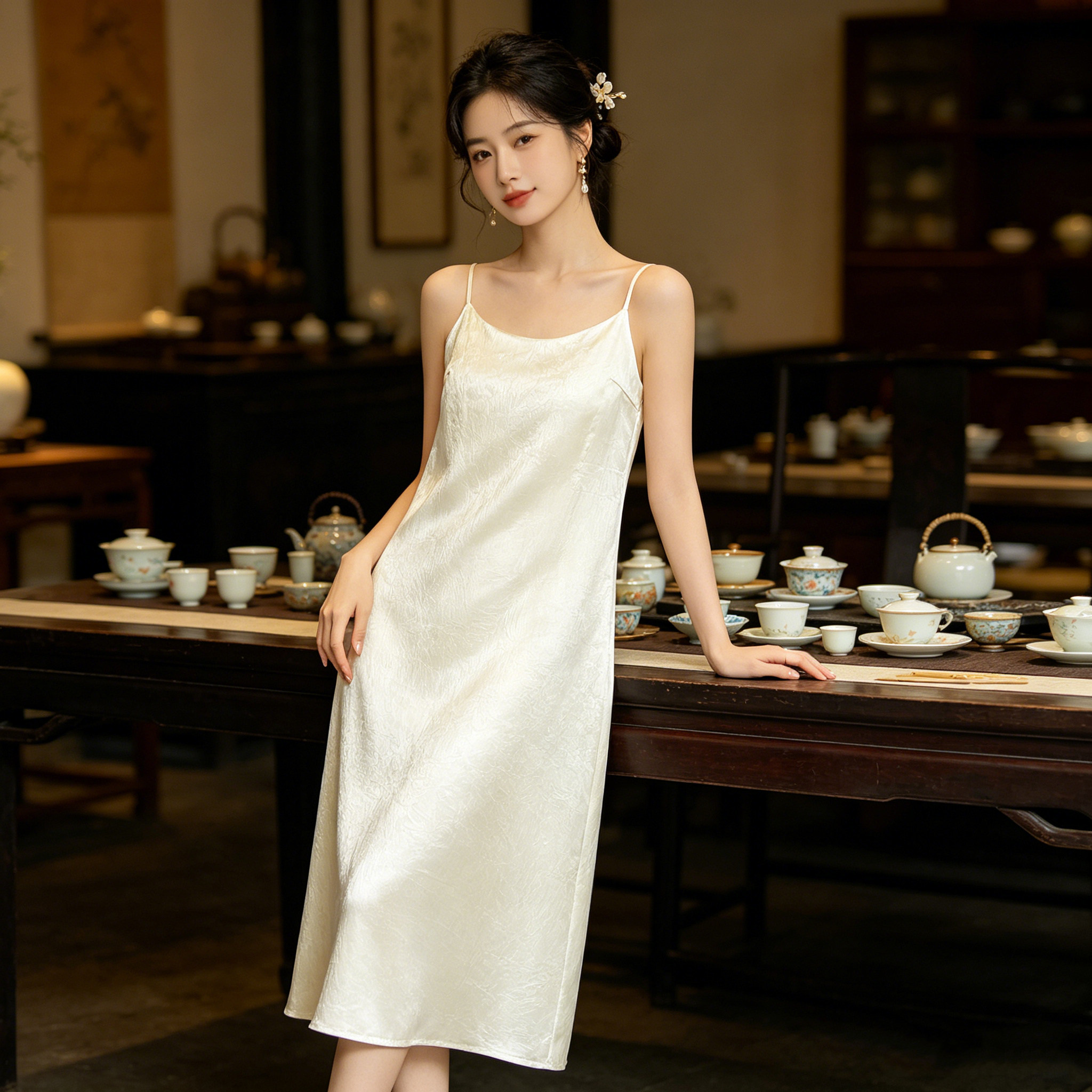 新中式缎面吊带连衣裙女士夏季修身收腰长裙无袖气质显瘦时尚裙子