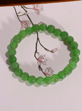 远廷-天然俄料和田玉莲花珠手串7.5mm正品碧玉果绿色手链WL30号