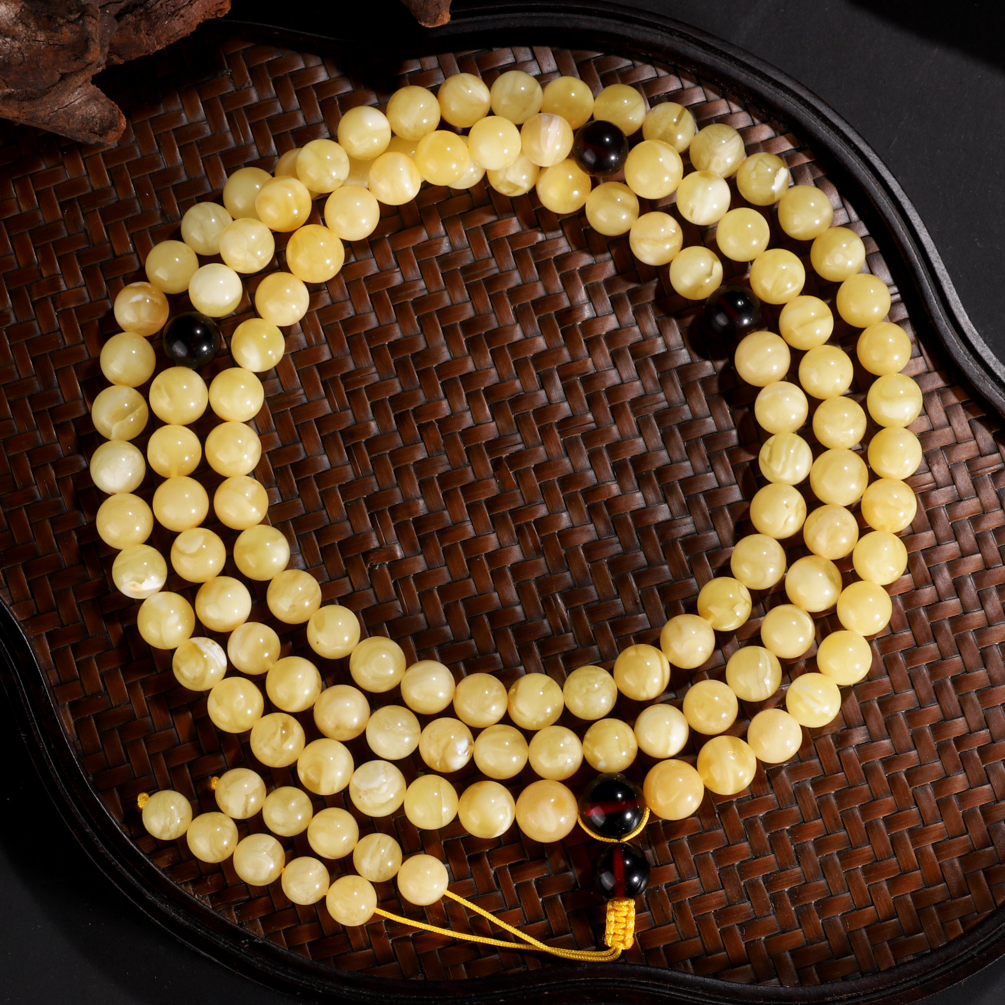 天然俄料蜜蜡佛珠8mm 佛珠108链毛衣链鸡油黄白蜡妖花纹 WX51