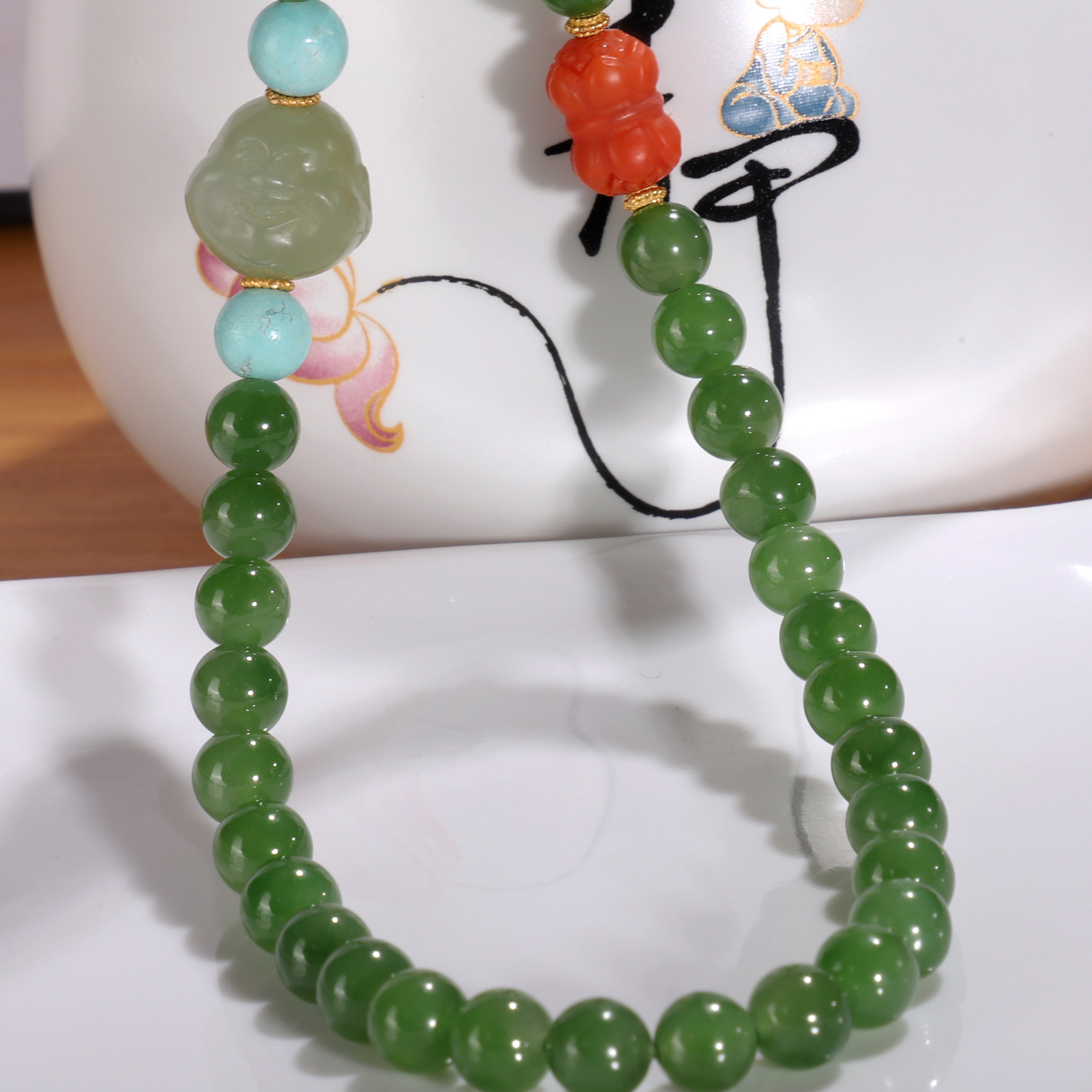 天然俄料碧玉手串6mm两圈 和田玉菠菜绿圆珠手链秒杀设计款WT71