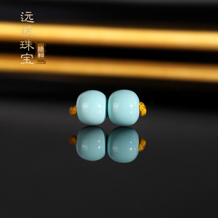 原矿天然绿松石散珠老型珠 6x5mm一对 高瓷蓝干净少铁线白蓝配珠