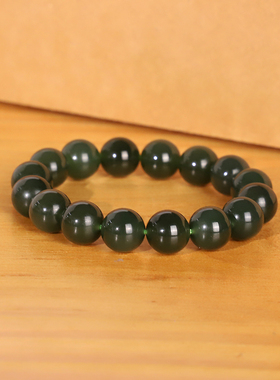 天然和田玉湖水绿手串12mm C90 深色浓绿收藏手链珠串单圈