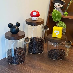 厨房好物可爱卡通玻璃咖啡豆收纳瓶储物罐摆件五谷杂粮密封防潮罐