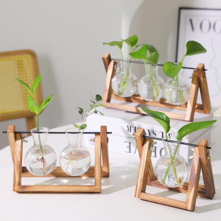 创意木架水培绿萝玻璃花瓶容器盆办公室内桌面绿植现代摆件装饰