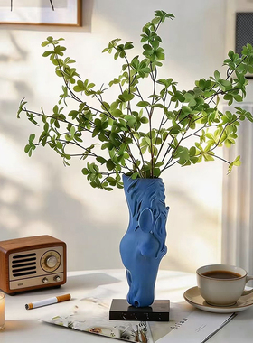 新中式蓝色花瓶仿真绿植摆件