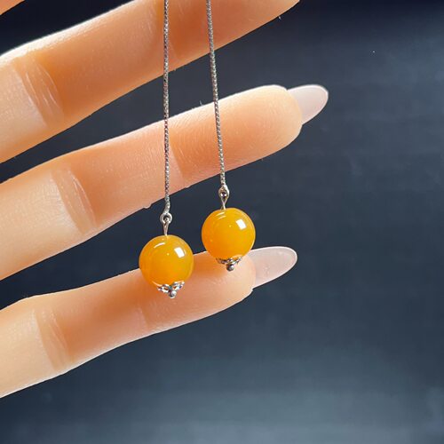 天然玉石精品珠宝缅料黄龙玉10mm圆珠耳线佛珠耳钩925银送礼
