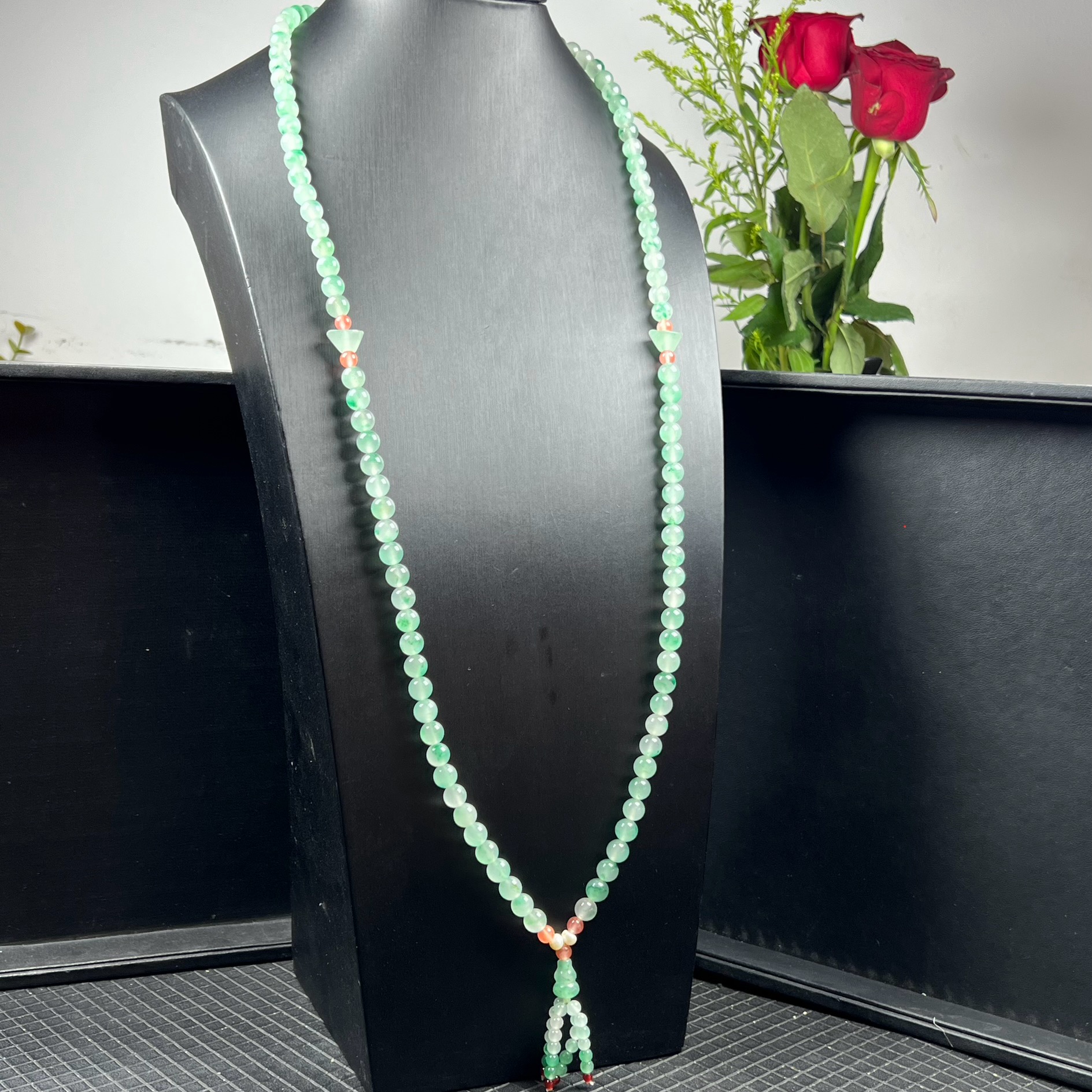 天然玉石精品高冰飘翠绿色非洲翠玉108颗佛珠8mm项链毛衣链证书