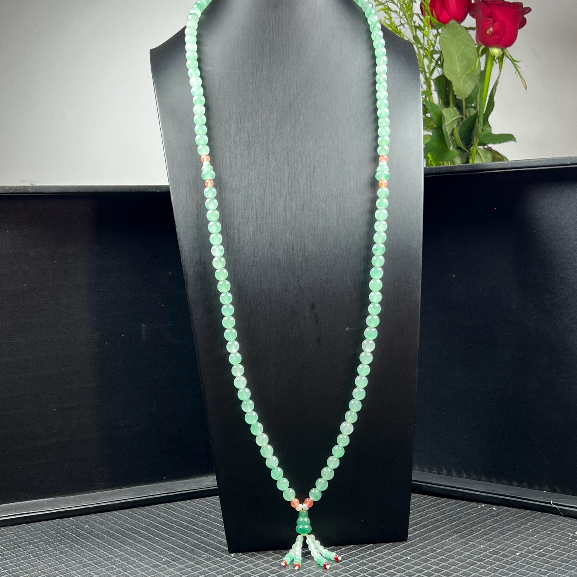 天然玉石精品高冰飘翠绿色非洲翠玉108颗佛珠8mm项链毛衣链证书