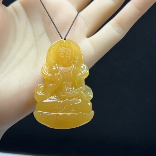 天然玉石精品珠宝 缅料冰黄黄龙玉观音吊坠毛衣链 玉佩送礼