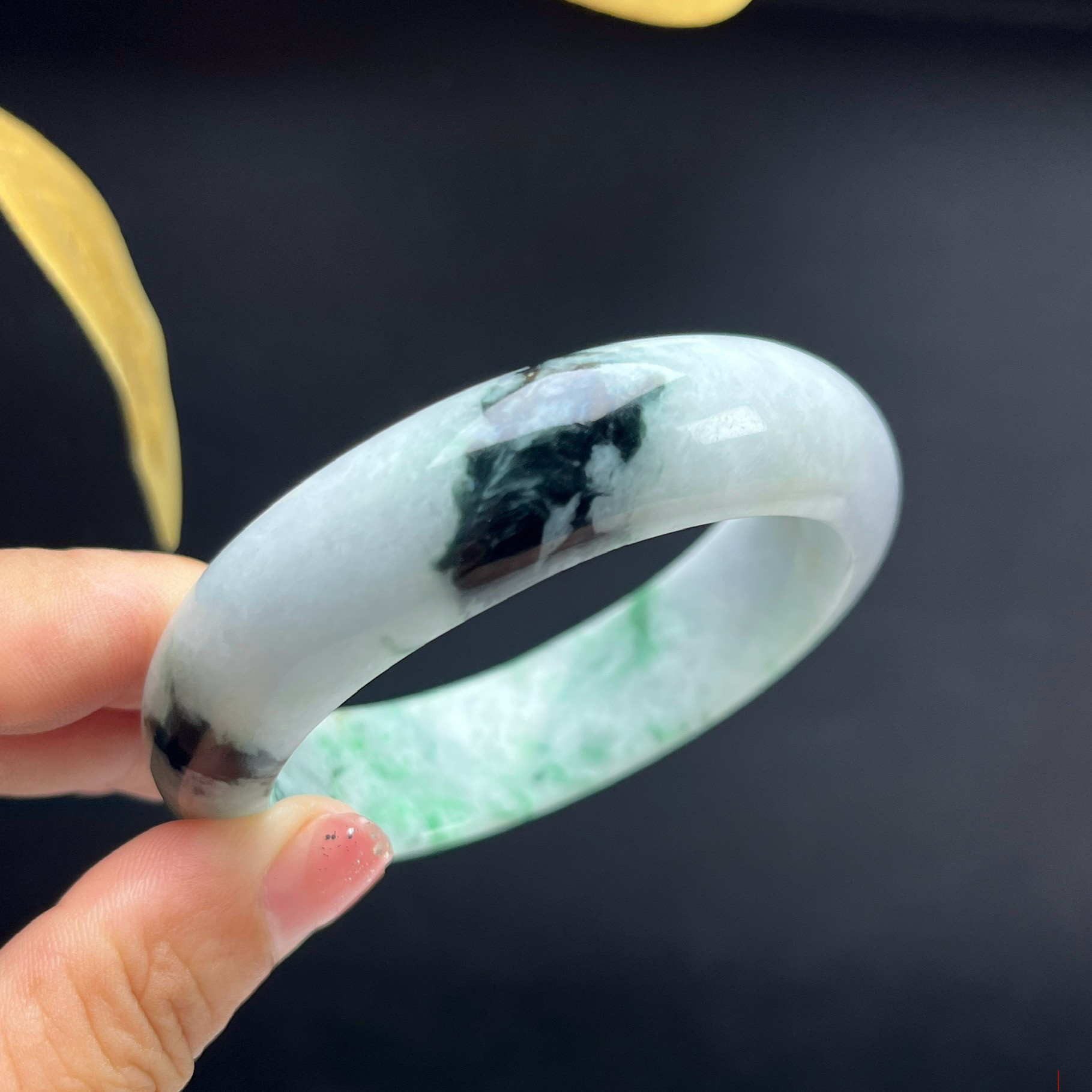天然玉石精品珠宝缅甸翡翠玉飘花三色手镯54圈口玉镯手饰手环证书