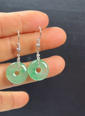 纯天然真玉耳环高冰飘翠绿色非洲翠玉玉石平安扣耳坠玉石耳环正品