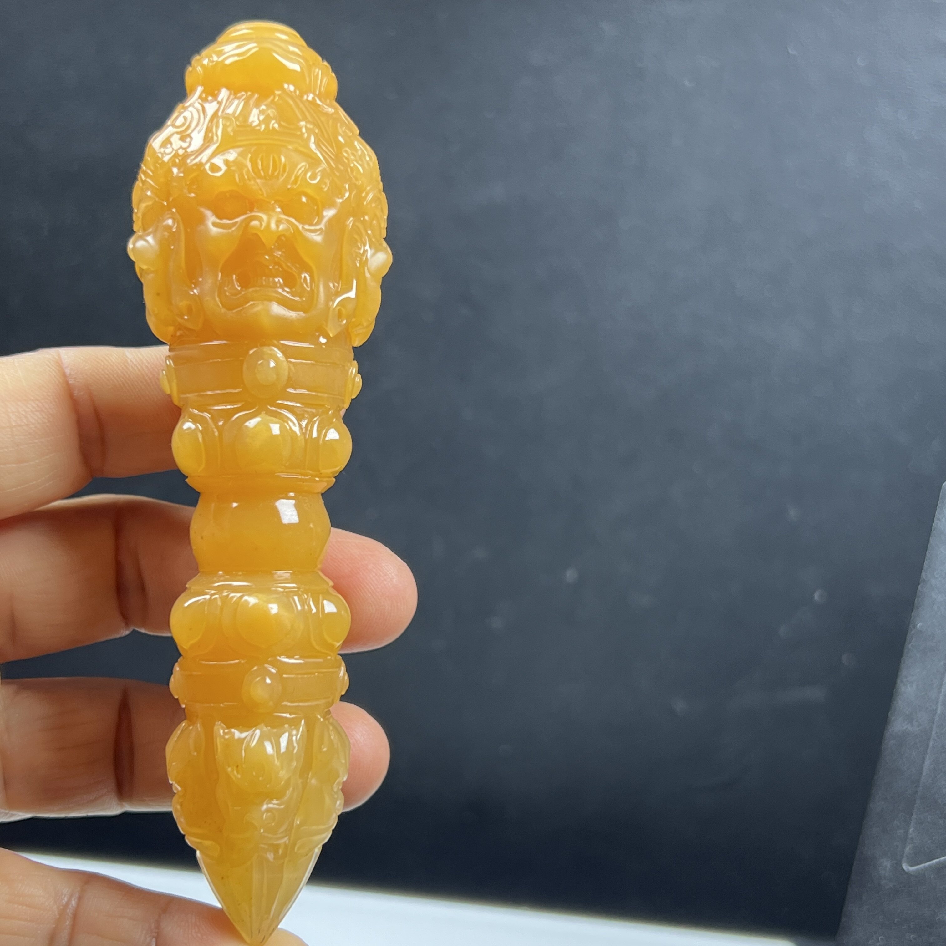 天然玉石精品珠宝鸡油黄缅料黄龙玉降魔杵手玩件 把玩送礼 证书