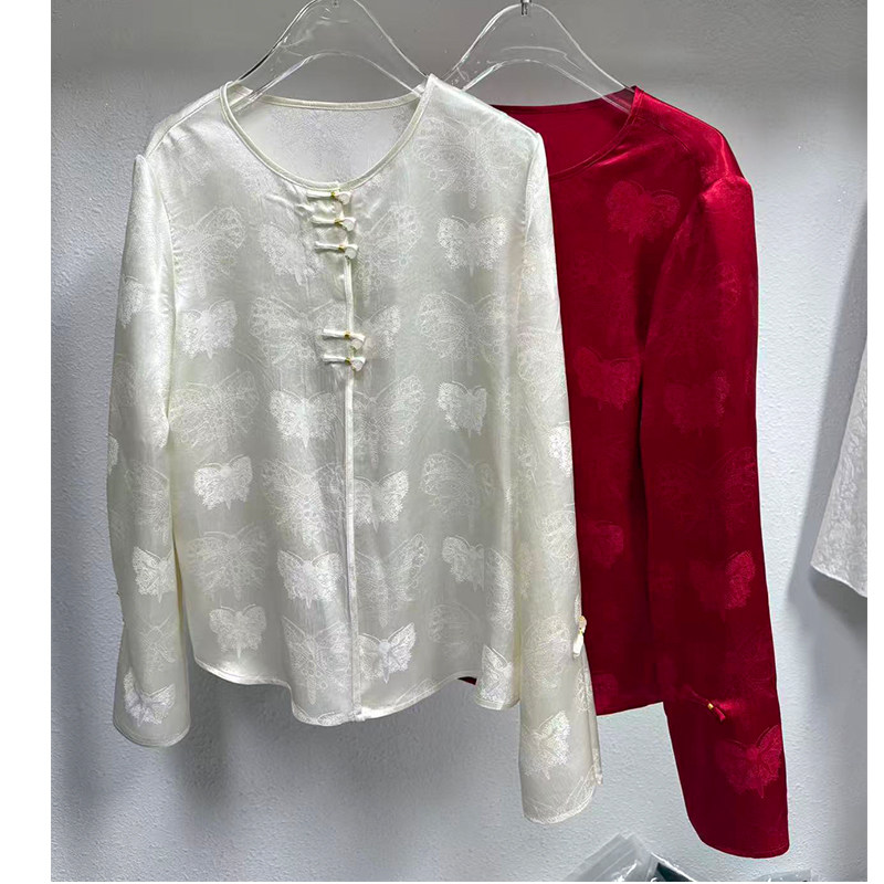 2026新款100醋酸新中式国风气质优雅圆领网红时尚休闲长袖上衣女