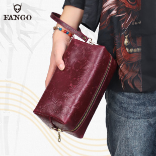 唐草牛皮新款 洗漱包旅行大容量真皮便携化妆包小众收纳包斜挎包潮