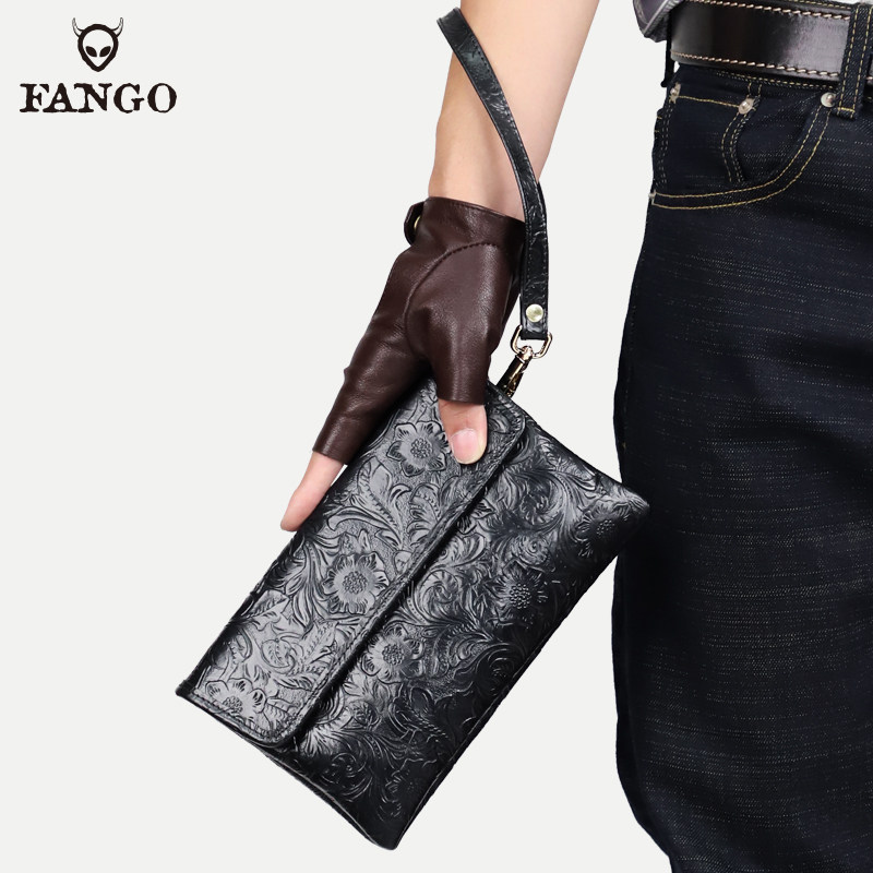 原创国风男士手拿包真皮手包大容量青年手抓包头层牛皮时尚钱包潮